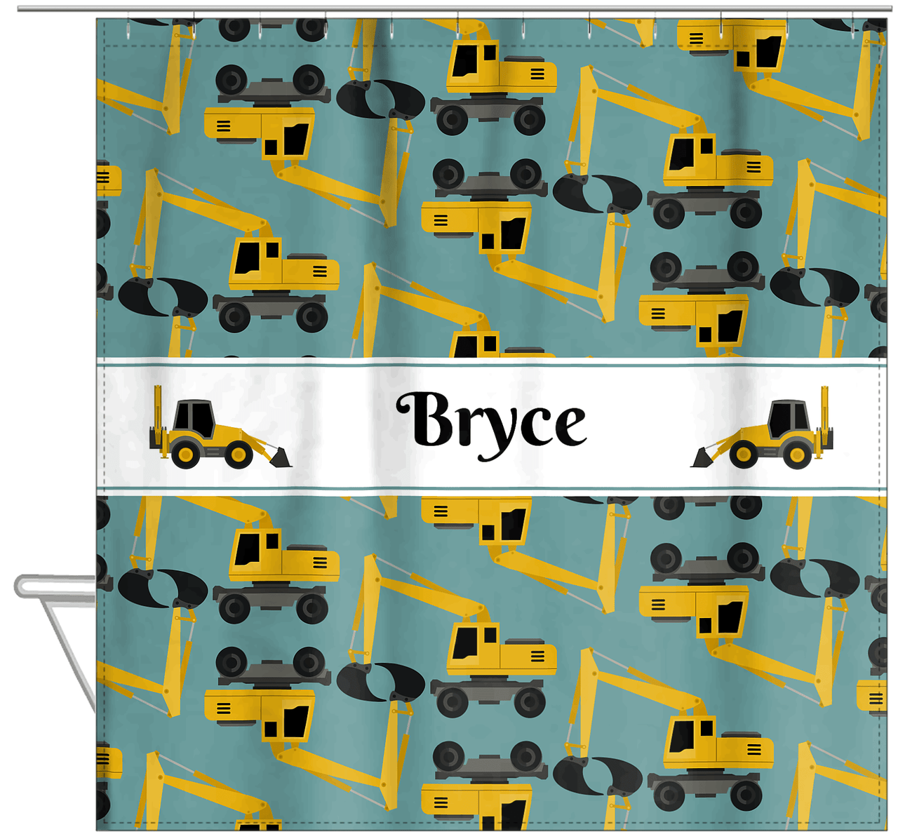 Personalized Construction Truck Shower Curtain II - Excavator I - Green Background - Hanging View