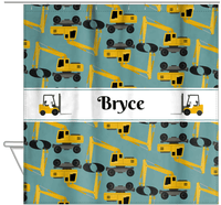 Thumbnail for Personalized Construction Truck Shower Curtain II - Excavator II - Green Background - Hanging View