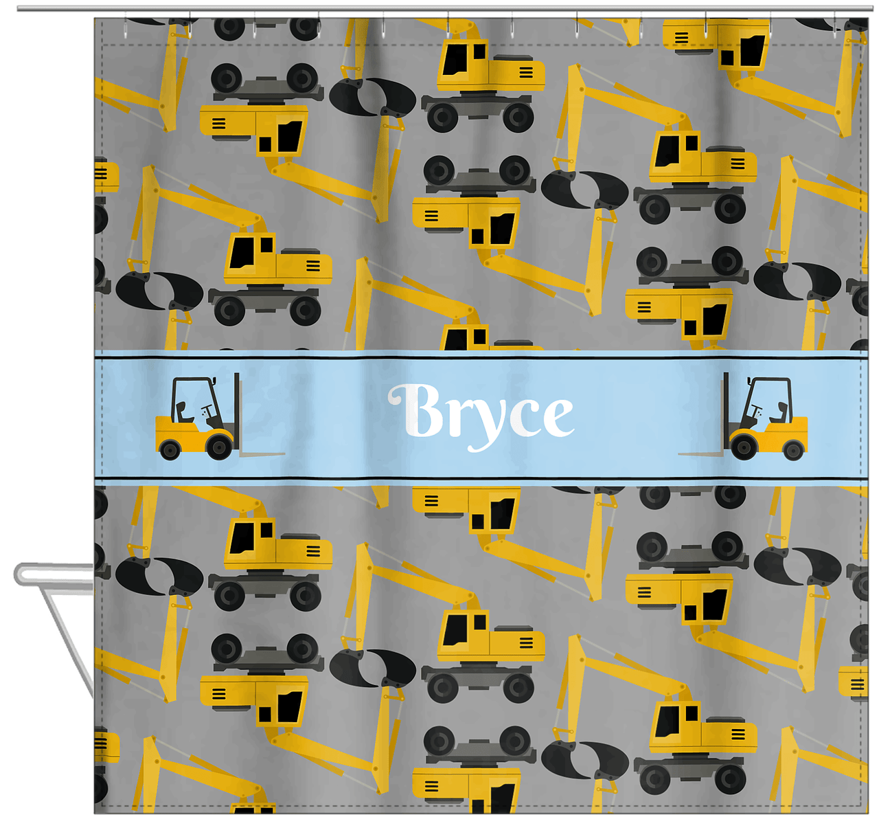 Personalized Construction Truck Shower Curtain II - Excavator II - Grey Background - Hanging View