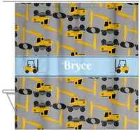 Thumbnail for Personalized Construction Truck Shower Curtain II - Excavator II - Grey Background - Hanging View