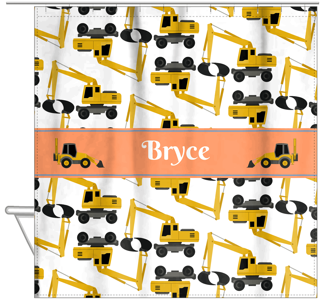 Personalized Construction Truck Shower Curtain II - Excavator I - White Background - Hanging View