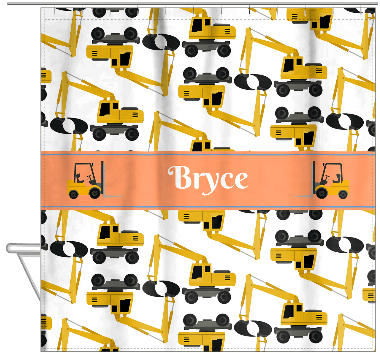 Personalized Construction Truck Shower Curtain II - Excavator II - White Background - Hanging View
