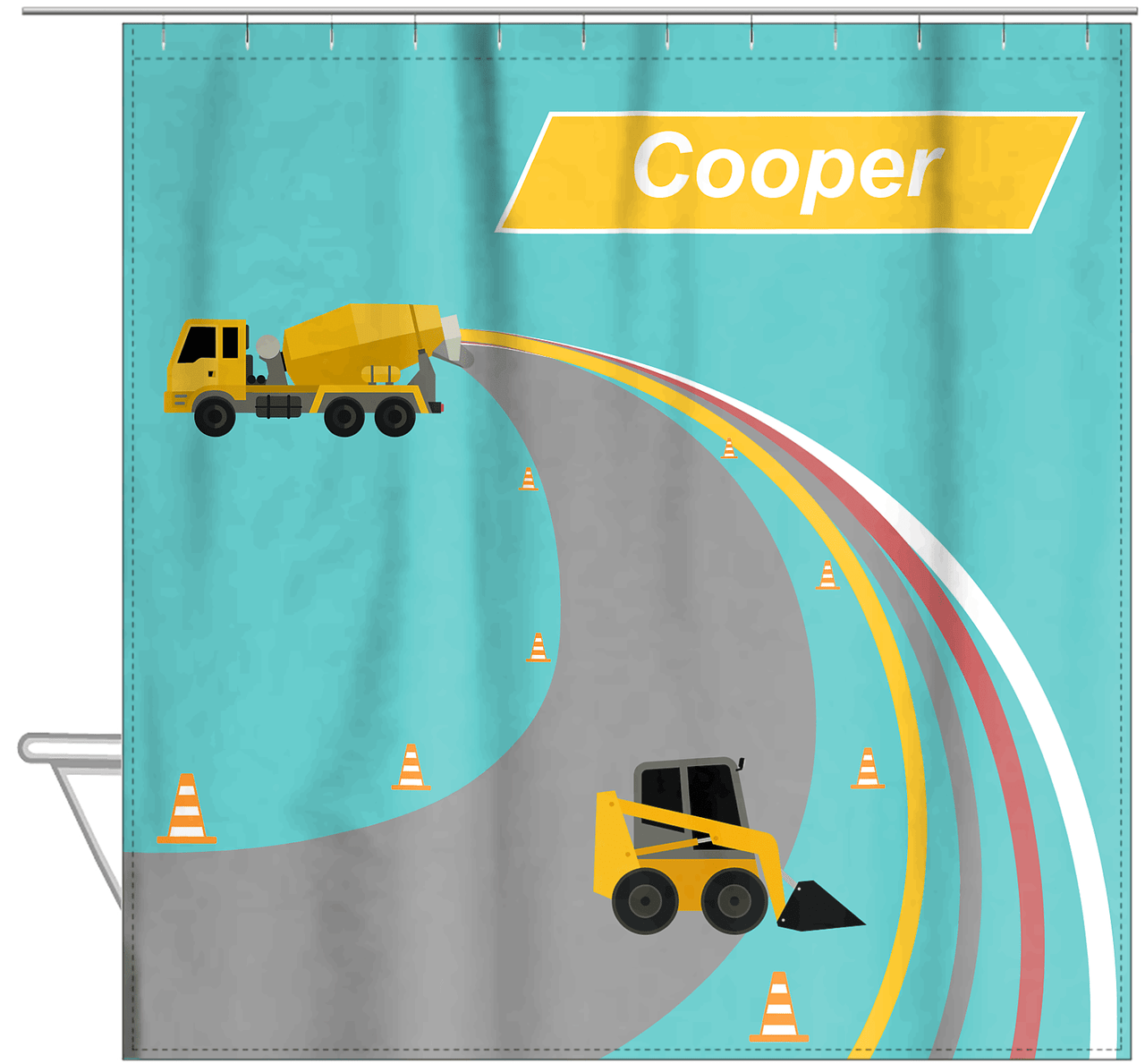 Personalized Construction Truck Shower Curtain III - Cement Truck II - Teal Background - Hanging View