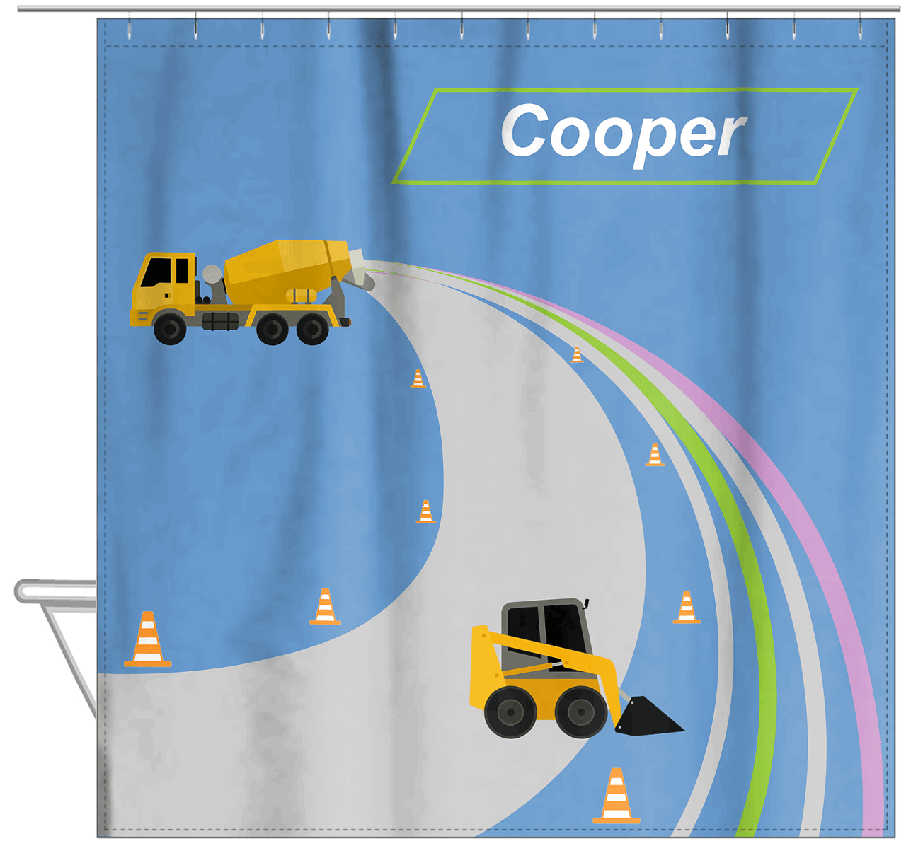 Personalized Construction Truck Shower Curtain III - Cement Truck II - Blue Background - Hanging View