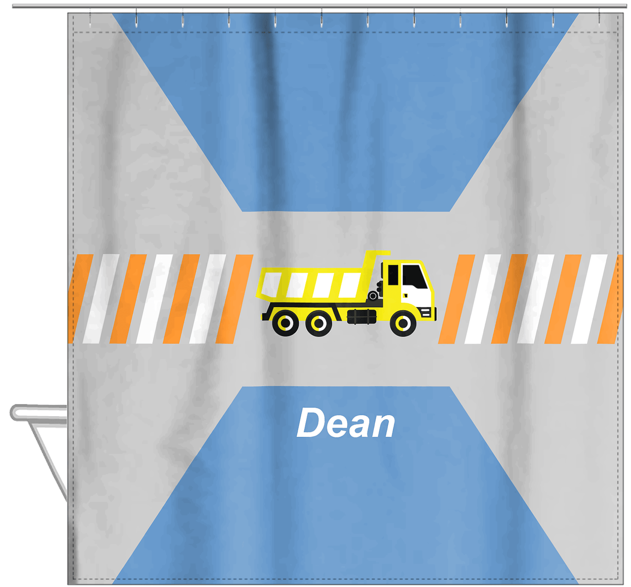 Personalized Construction Truck Shower Curtain IV - Retro I - Grey Background - Hanging View
