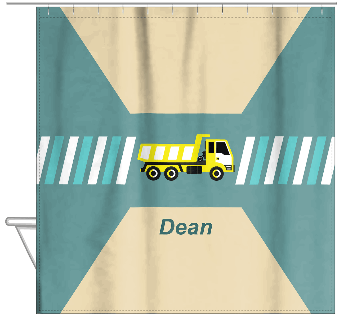 Personalized Construction Truck Shower Curtain IV - Retro I - Green Background - Hanging View