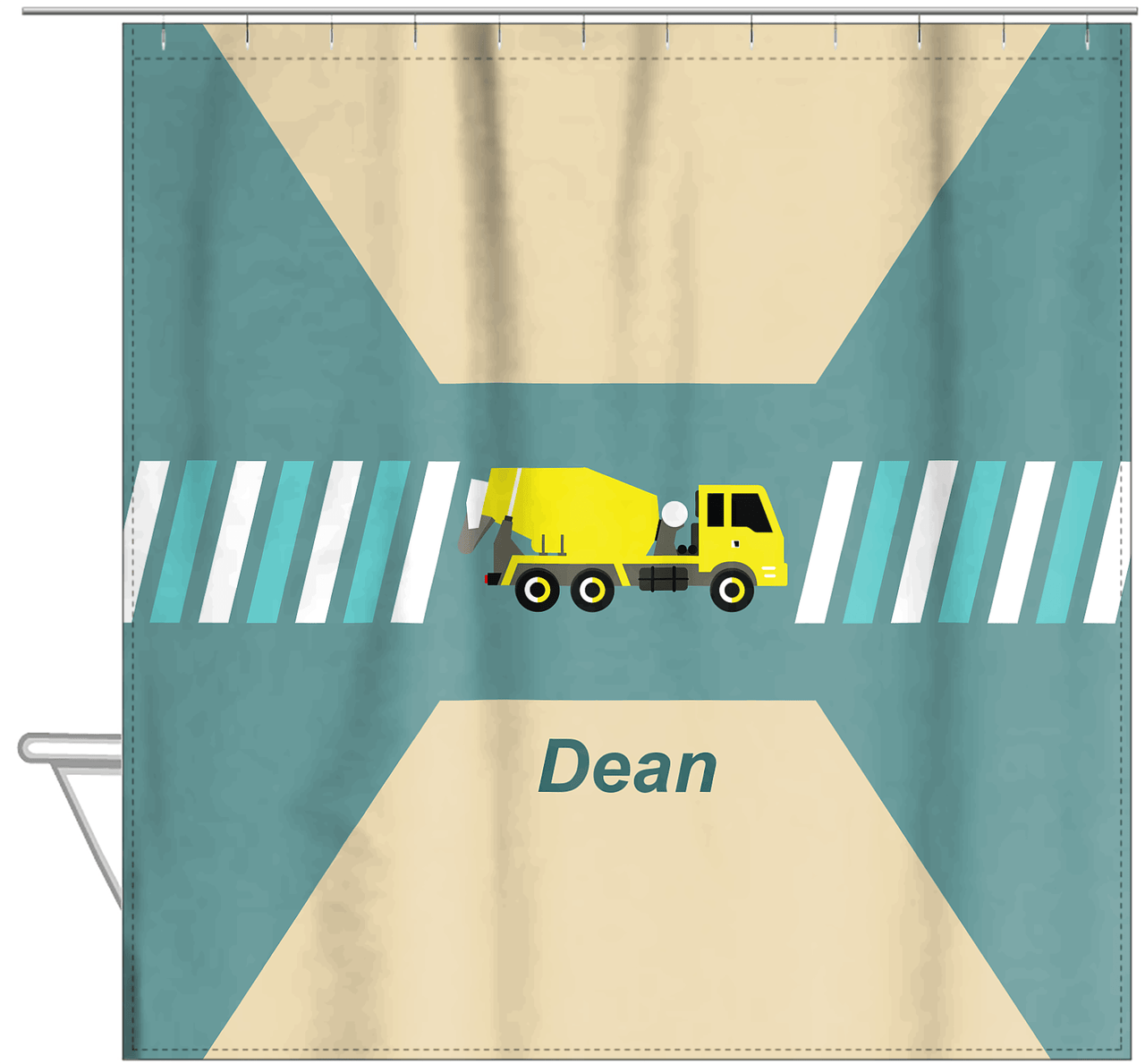 Personalized Construction Truck Shower Curtain IV - Retro II - Green Background - Hanging View