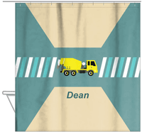 Thumbnail for Personalized Construction Truck Shower Curtain IV - Retro II - Green Background - Hanging View