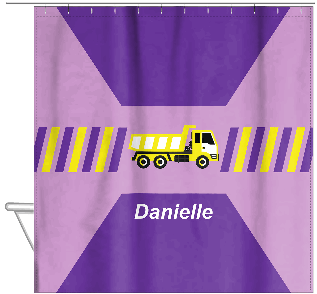 Personalized Construction Truck Shower Curtain IV - Retro I - Purple Background - Hanging View