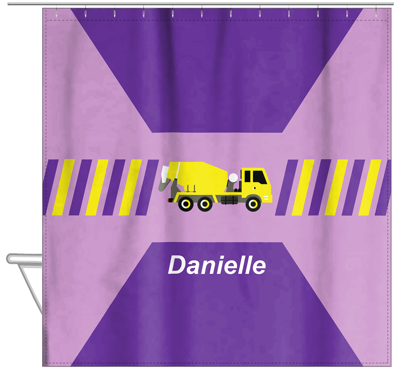 Personalized Construction Truck Shower Curtain IV - Retro II - Purple Background - Hanging View