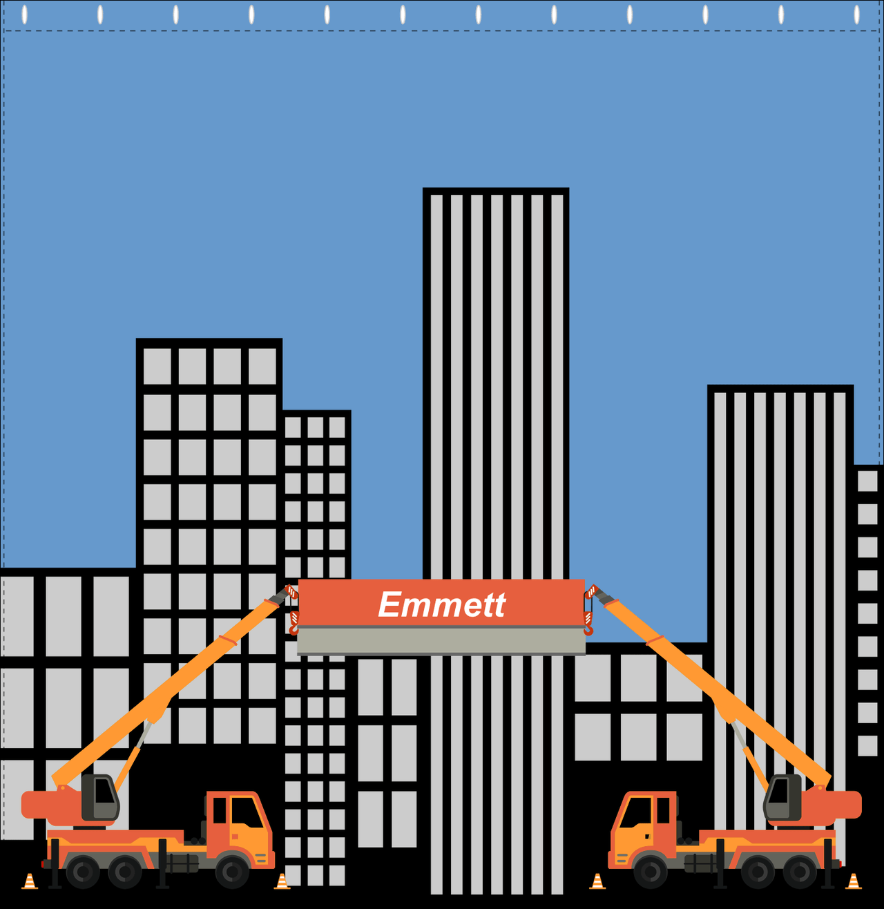 Personalized Construction Truck Shower Curtain V - Cranes - Blue Background - Decorate View