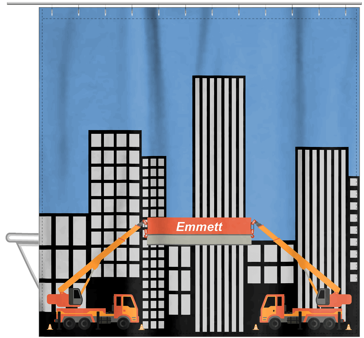 Personalized Construction Truck Shower Curtain V - Cranes - Blue Background - Hanging View