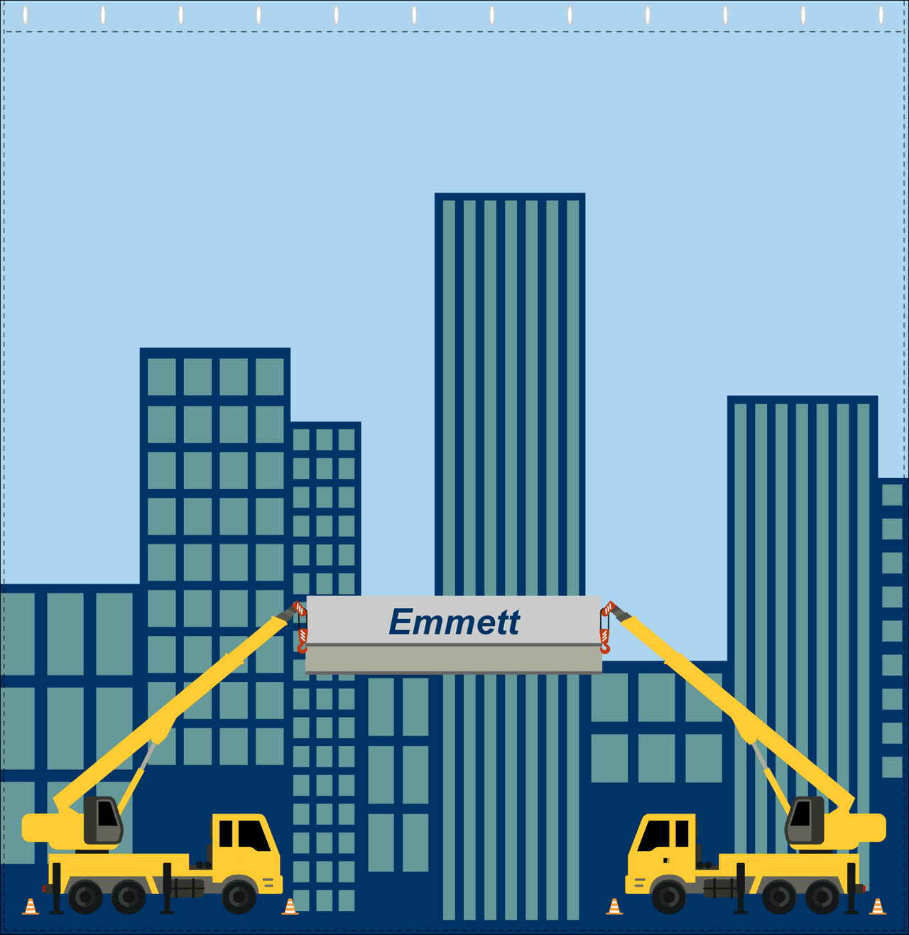 Personalized Construction Truck Shower Curtain V - Cranes - Light Blue Background - Decorate View