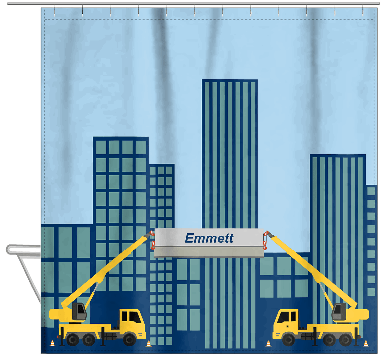Personalized Construction Truck Shower Curtain V - Cranes - Light Blue Background - Hanging View