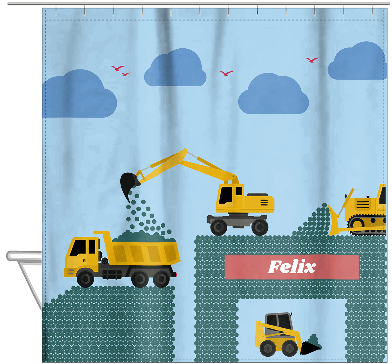 Personalized Construction Truck Shower Curtain VI - Widgets - Blue Background - Hanging View