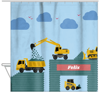 Thumbnail for Personalized Construction Truck Shower Curtain VI - Widgets - Blue Background - Hanging View