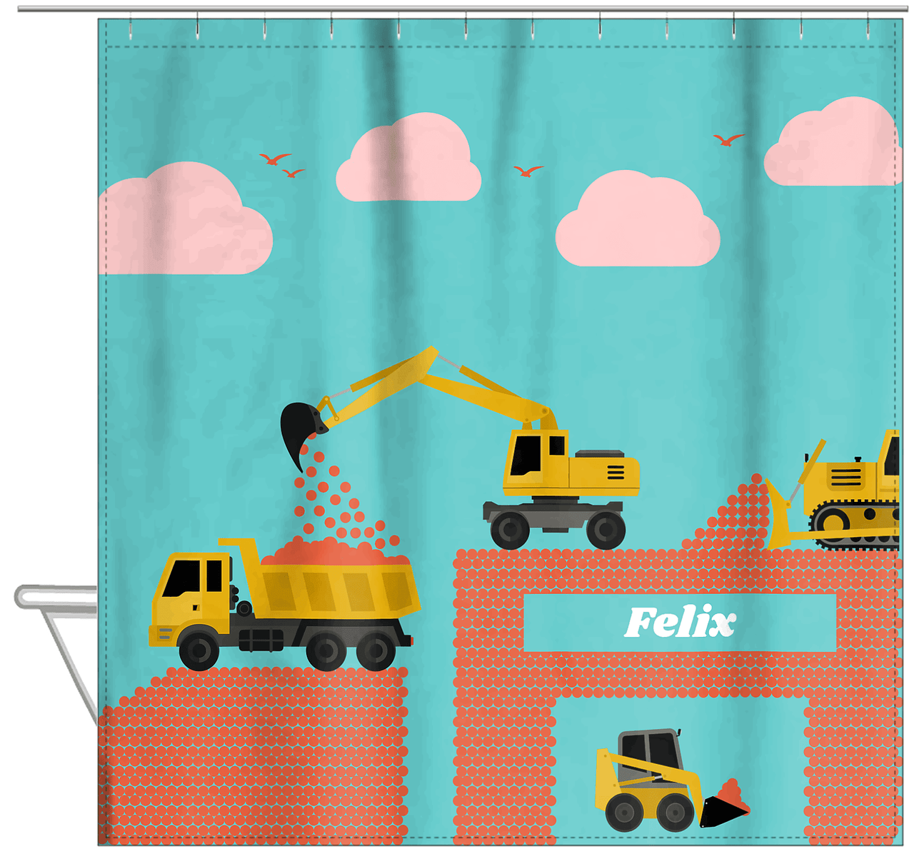 Personalized Construction Truck Shower Curtain VI - Widgets - Teal Background - Hanging View