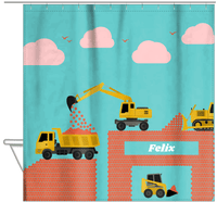 Thumbnail for Personalized Construction Truck Shower Curtain VI - Widgets - Teal Background - Hanging View