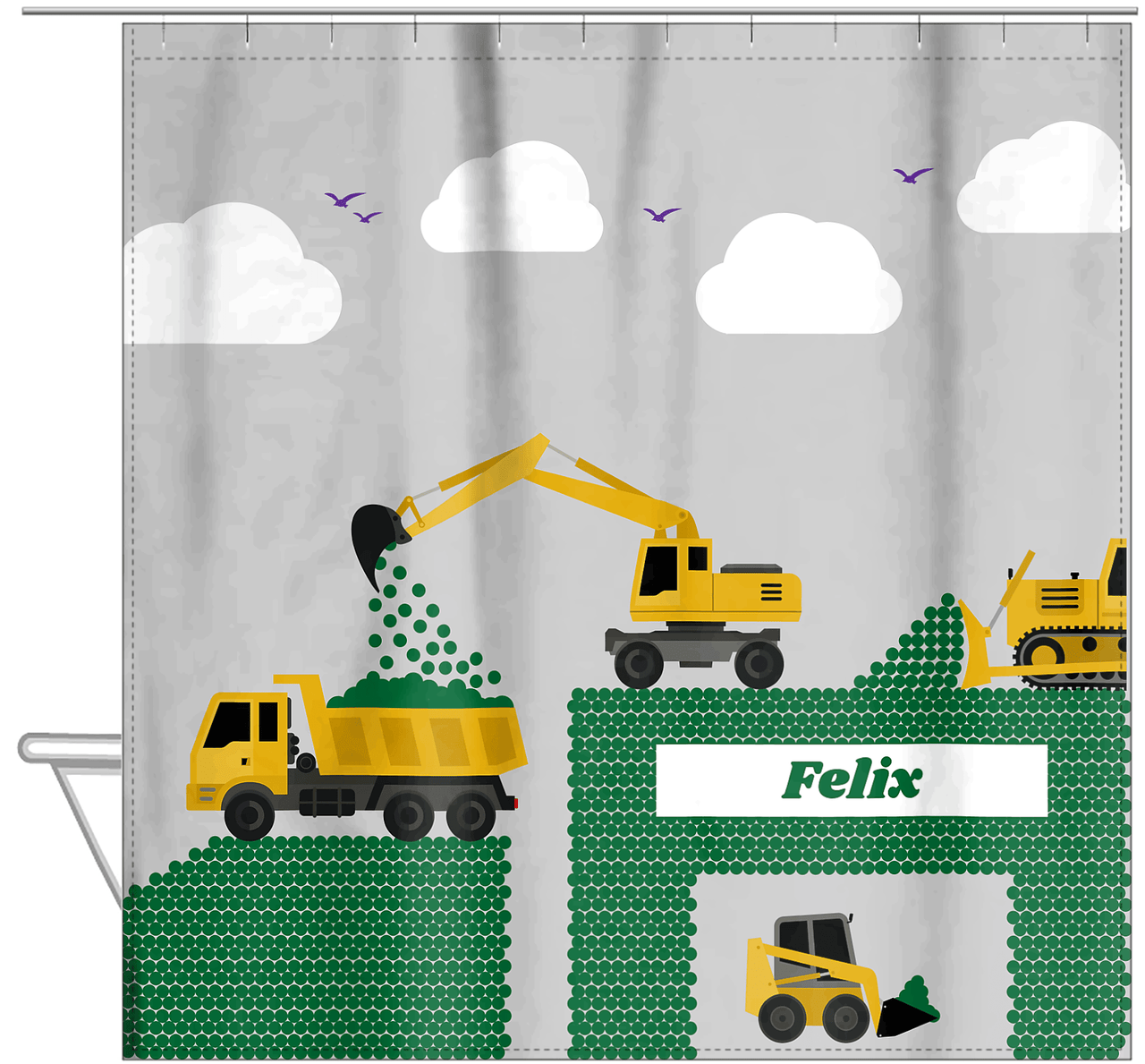 Personalized Construction Truck Shower Curtain VI - Widgets - Grey Background - Hanging View