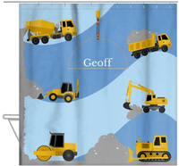 Thumbnail for Personalized Construction Truck Shower Curtain VII - All Trucks - Blue Background - Hanging View