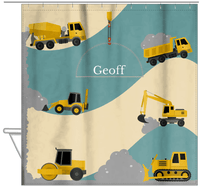 Thumbnail for Personalized Construction Truck Shower Curtain VII - All Trucks - Brown Background - Hanging View