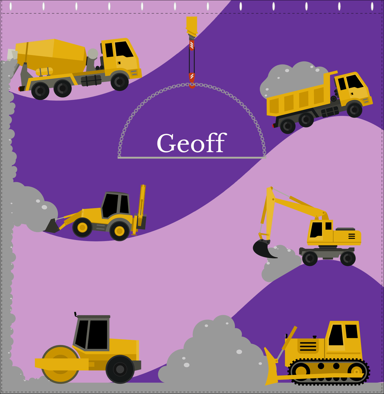 Personalized Construction Truck Shower Curtain VII - All Trucks - Purple Background - Decorate View