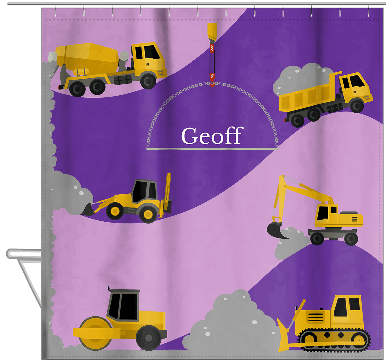 Personalized Construction Truck Shower Curtain VII - All Trucks - Purple Background - Hanging View
