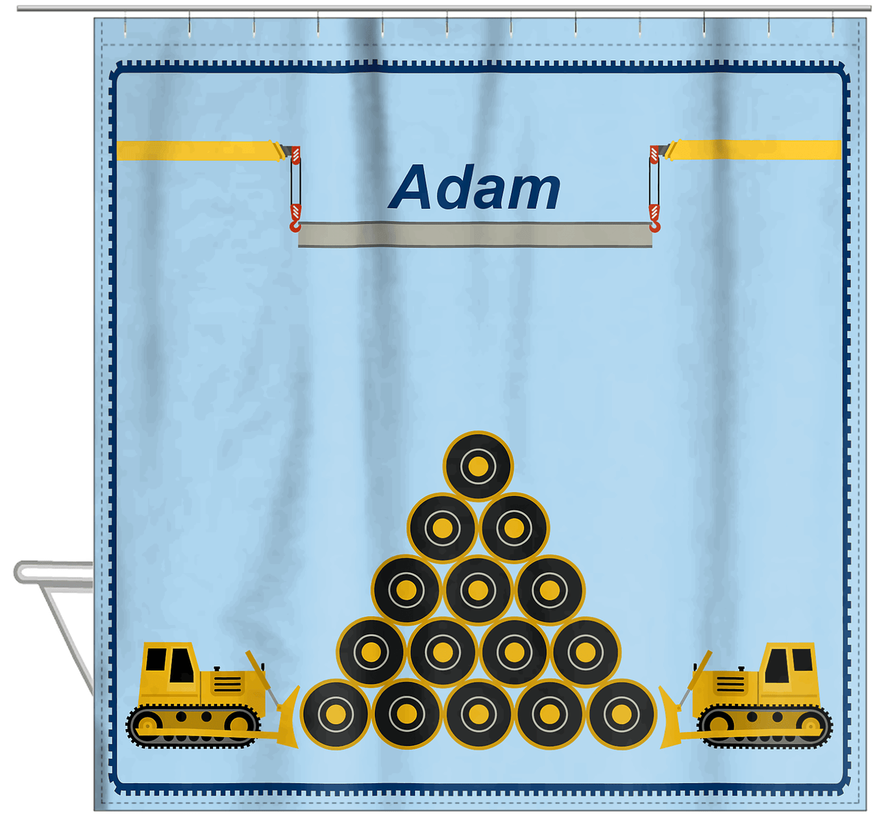 Personalized Construction Truck Shower Curtain I - Tire Pile - Blue Background - Hanging View