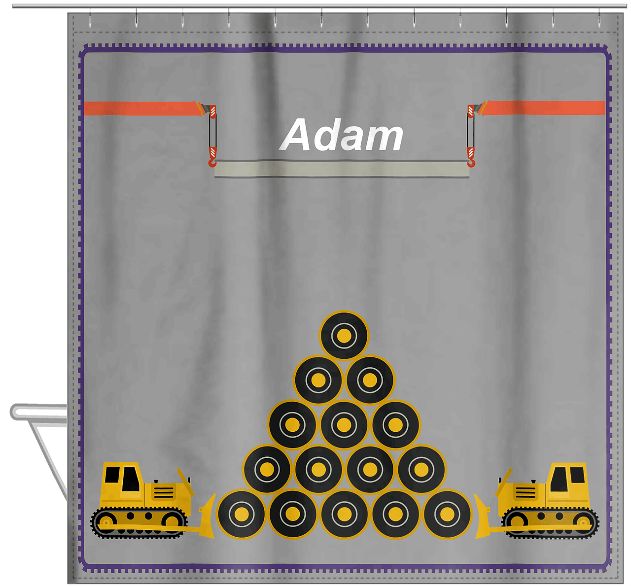 Personalized Construction Truck Shower Curtain I - Tire Pile - Grey Background - Hanging View
