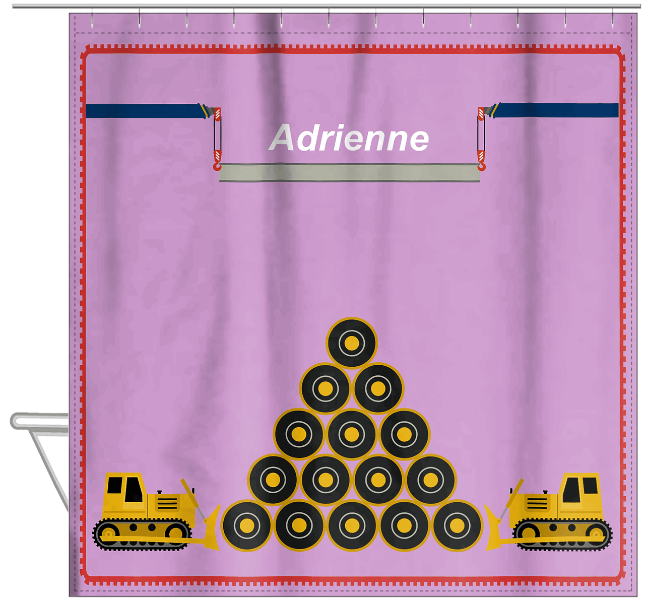 Personalized Construction Truck Shower Curtain I - Tire Pile - Lilac Background - Hanging View