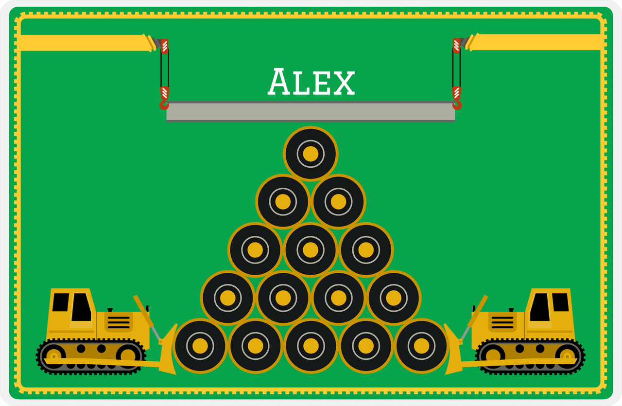 Personalized Construction Placemat - Tire Pile - Kelly Green Background with Mustard Border -  View