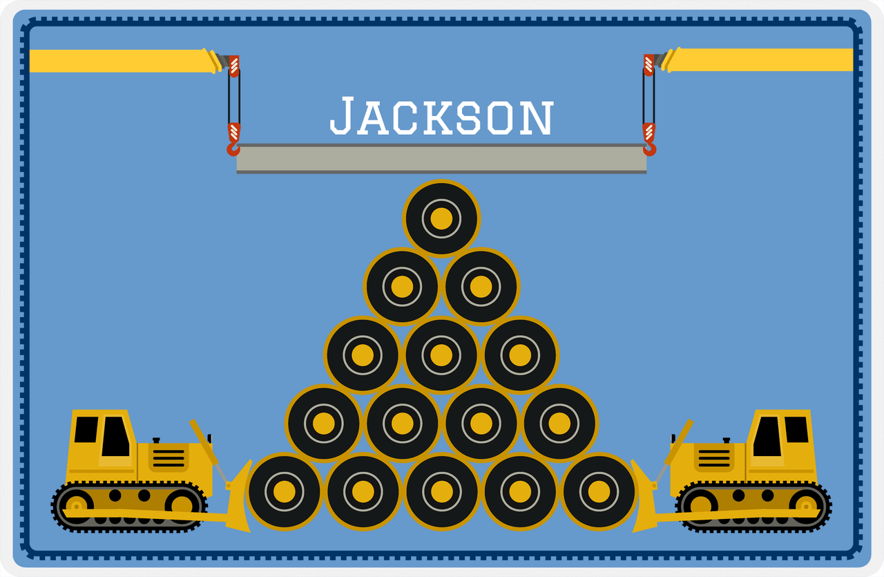 Personalized Construction Placemat - Tire Pile - Glacier Background with Navy Border -  View