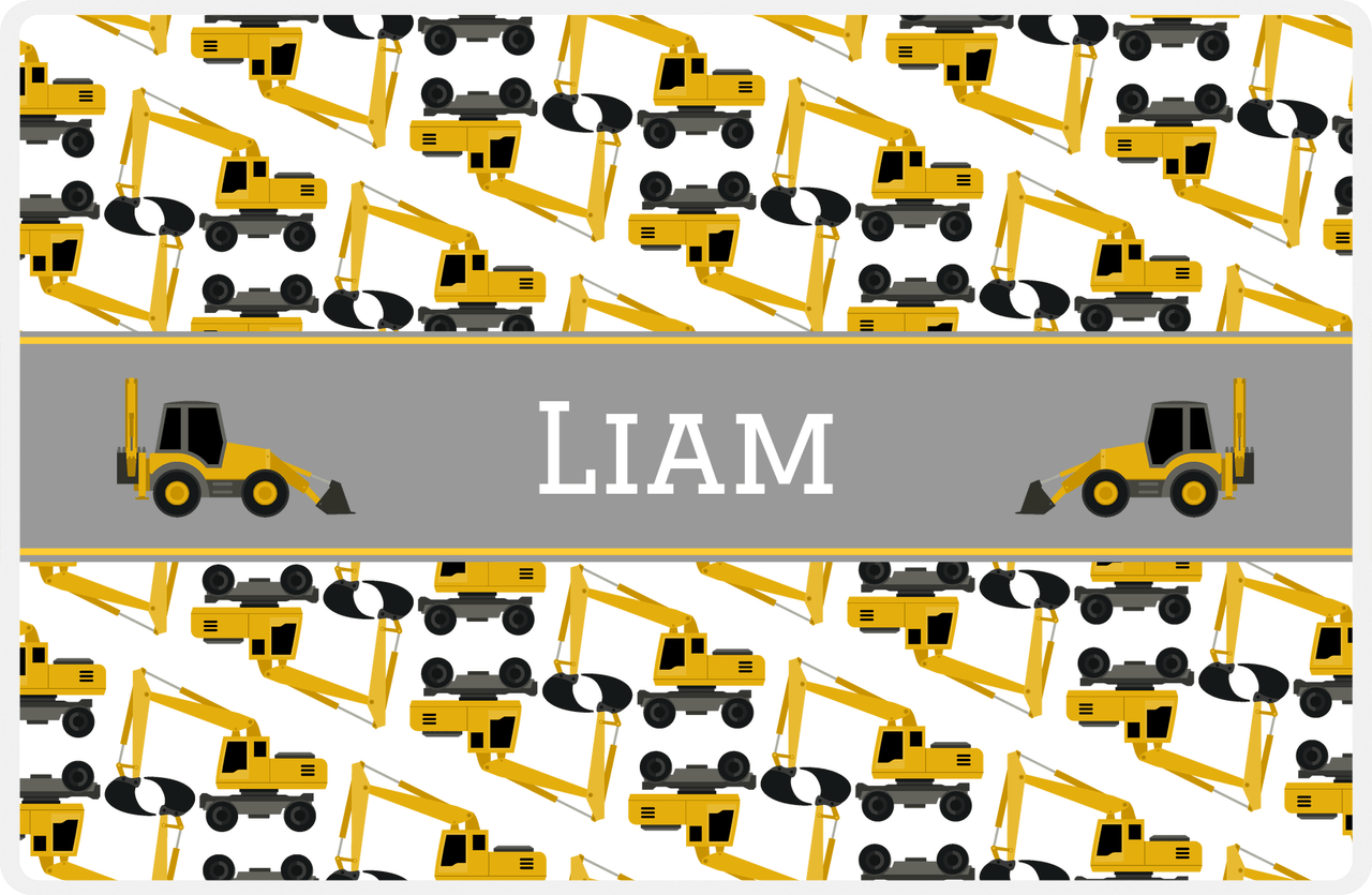 Personalized Construction Placemat - Excavator - Truck 1 - White Background with Grey Nameplate -  View
