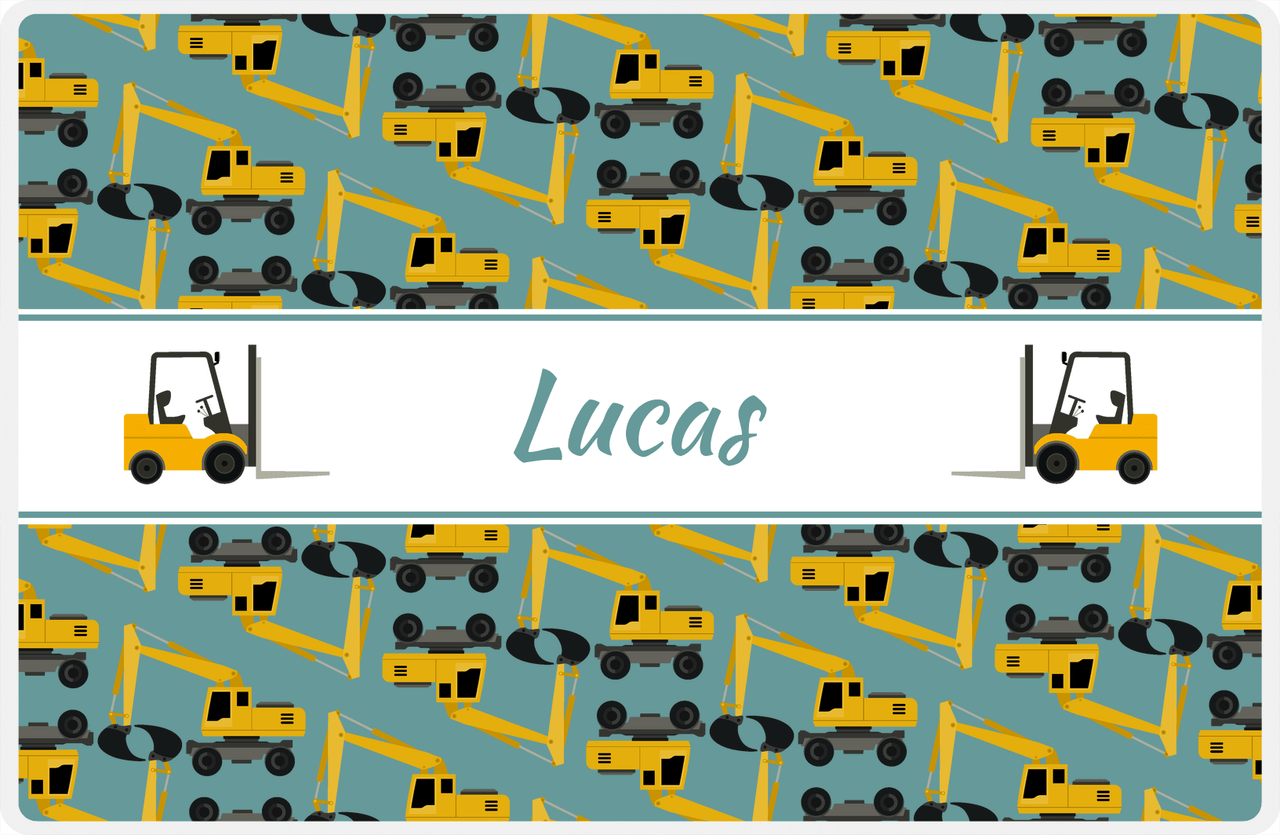 Personalized Construction Placemat - Excavator - Truck 2  - Patina Background with White Nameplate -  View