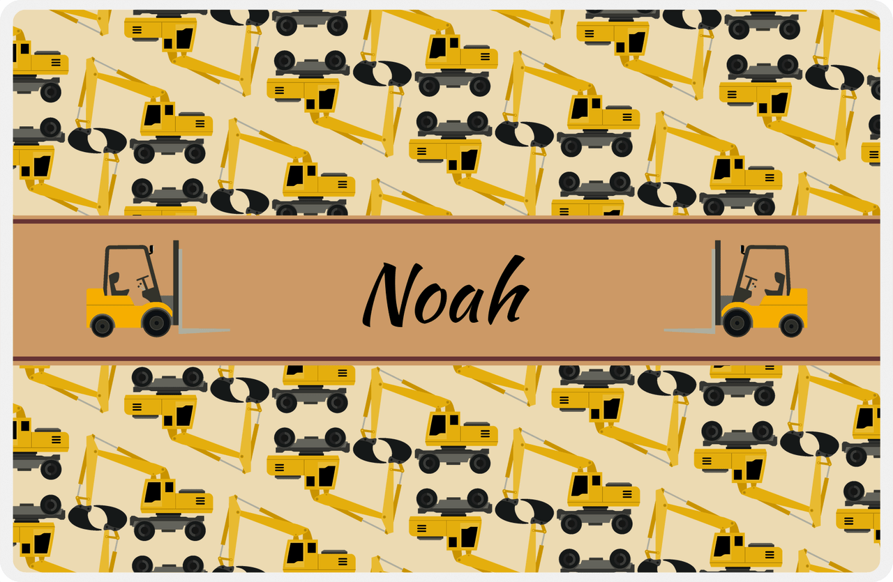 Personalized Construction Placemat - Excavator - Truck 2 - Tan Background with Brown Nameplate -  View