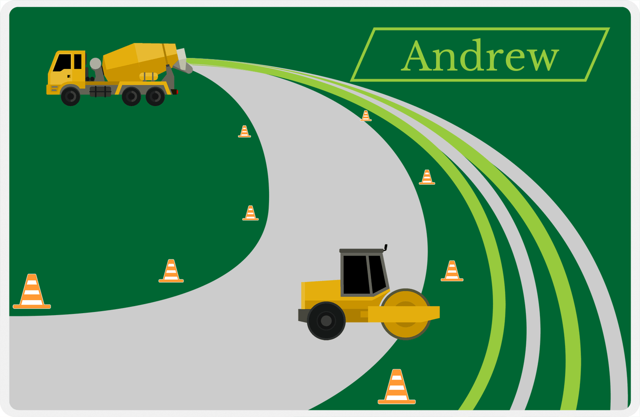 Personalized Construction Placemat - Cement Truck - Truck 1 - Green Background with Lime Nameplate -  View