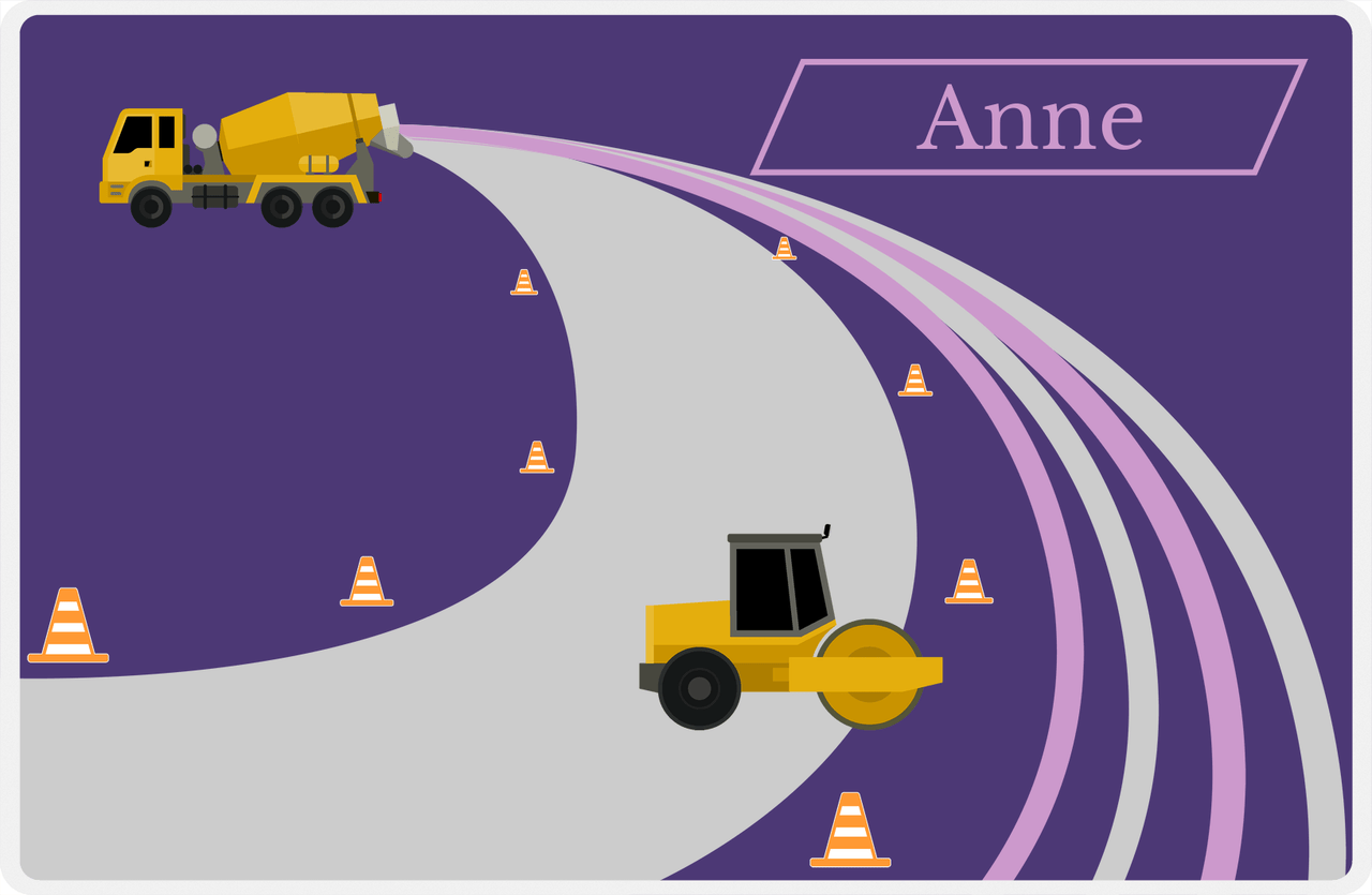 Personalized Construction Placemat - Cement Truck - Truck 1 - Indigo Background with Lilac Nameplate -  View