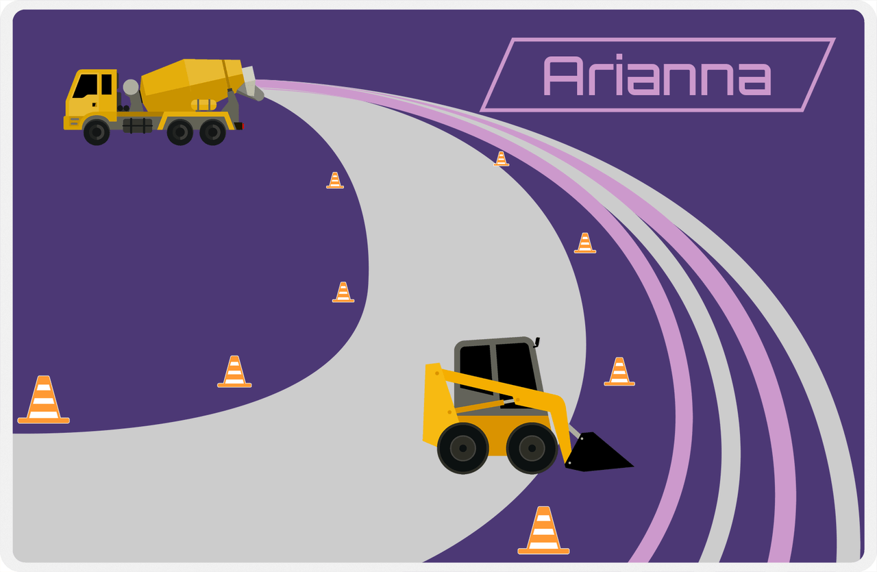 Personalized Construction Placemat - Cement Truck - Truck 2 - Indigo Background with Lilac Nameplate -  View