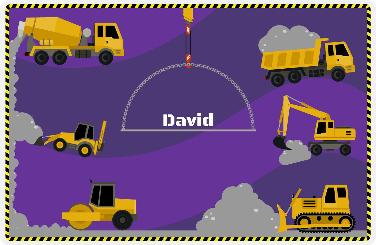 Personalized Construction Placemat - All Trucks - Purple Background with Black and Yellow Border -  View