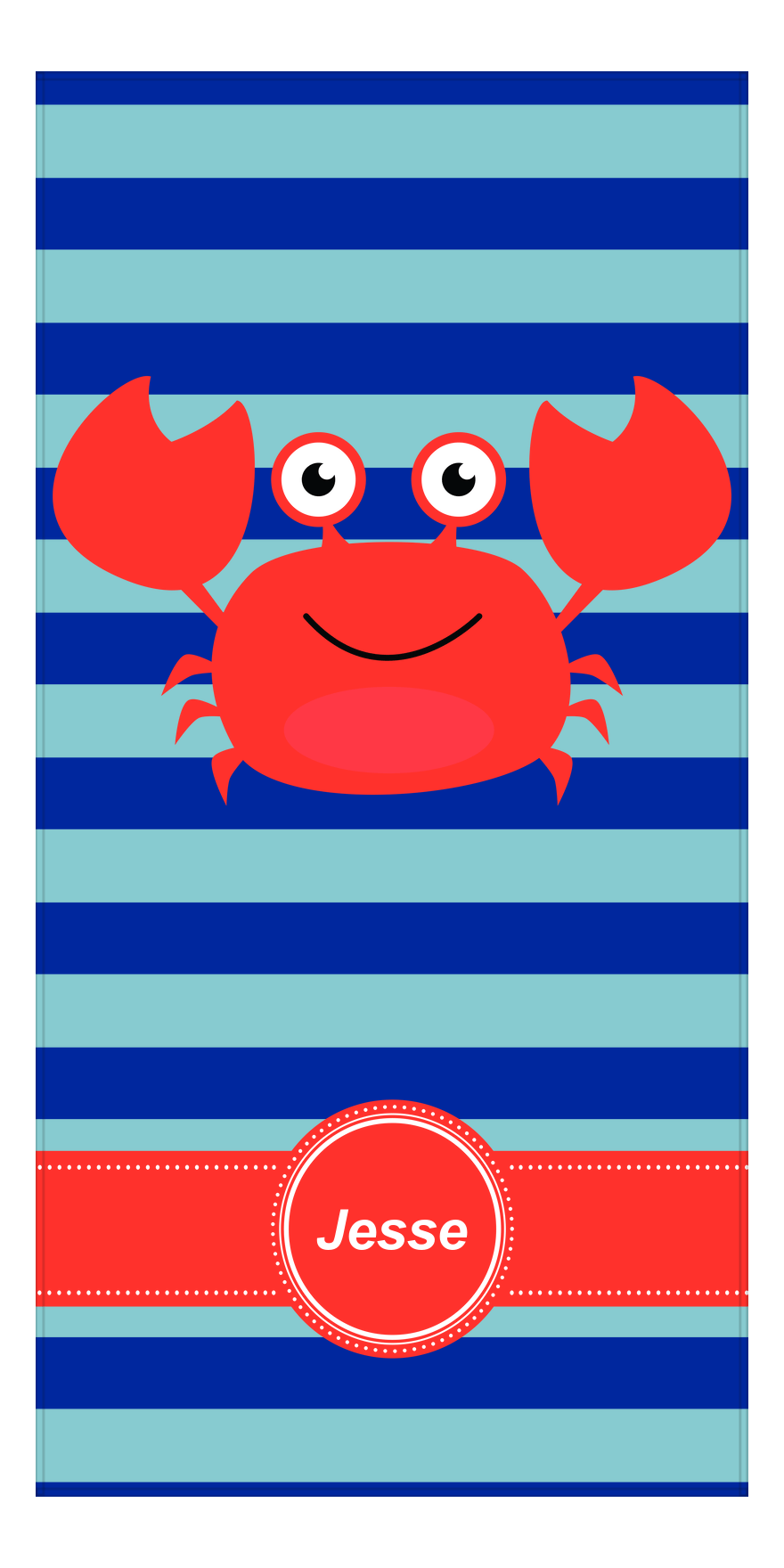 Personalized Crab Beach Towel with Stripes - Circle Ribbon Nameplate - Front View
