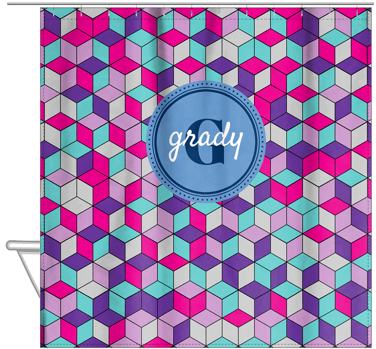 Personalized Cube Shower Curtain - Standard Colors - Circle Nameplate - Hanging View