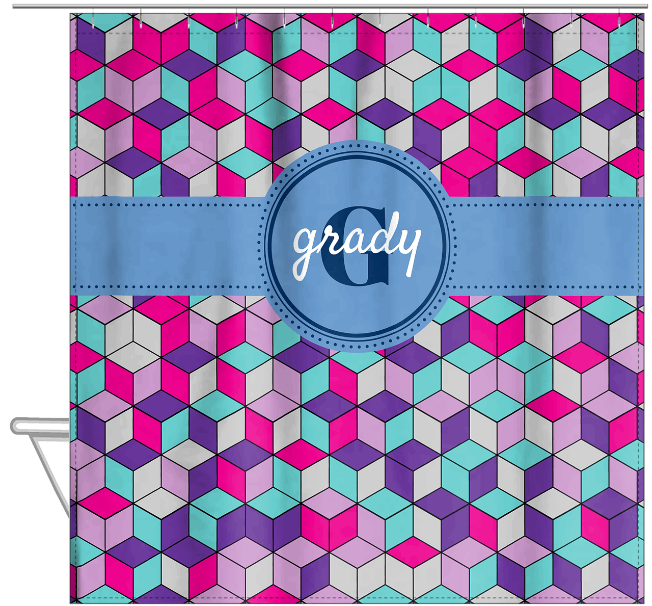 Personalized Cube Shower Curtain - Standard Colors - Circle Ribbon Nameplate - Hanging View