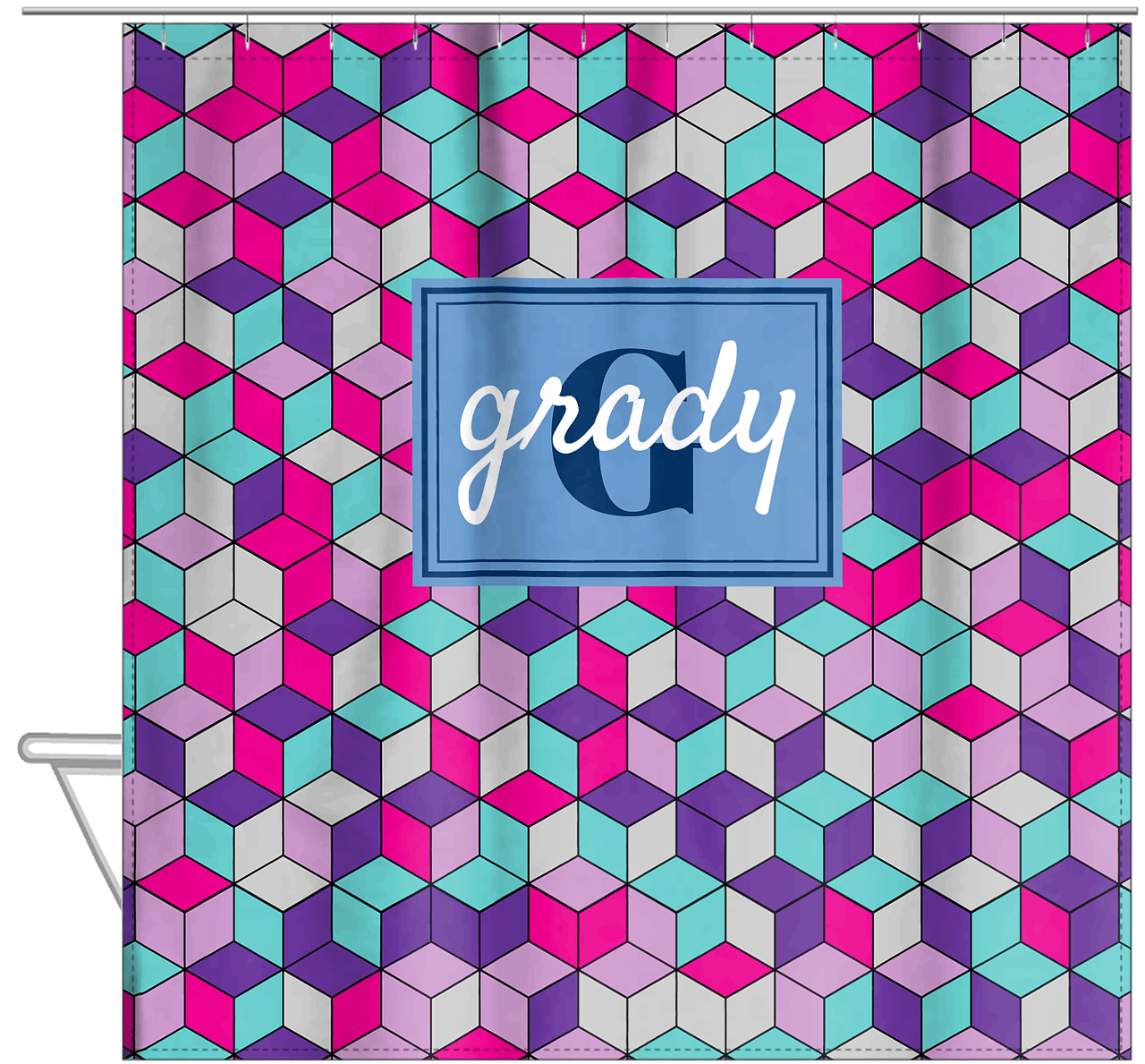 Personalized Cube Shower Curtain - Standard Colors - Rectangle Nameplate - Hanging View