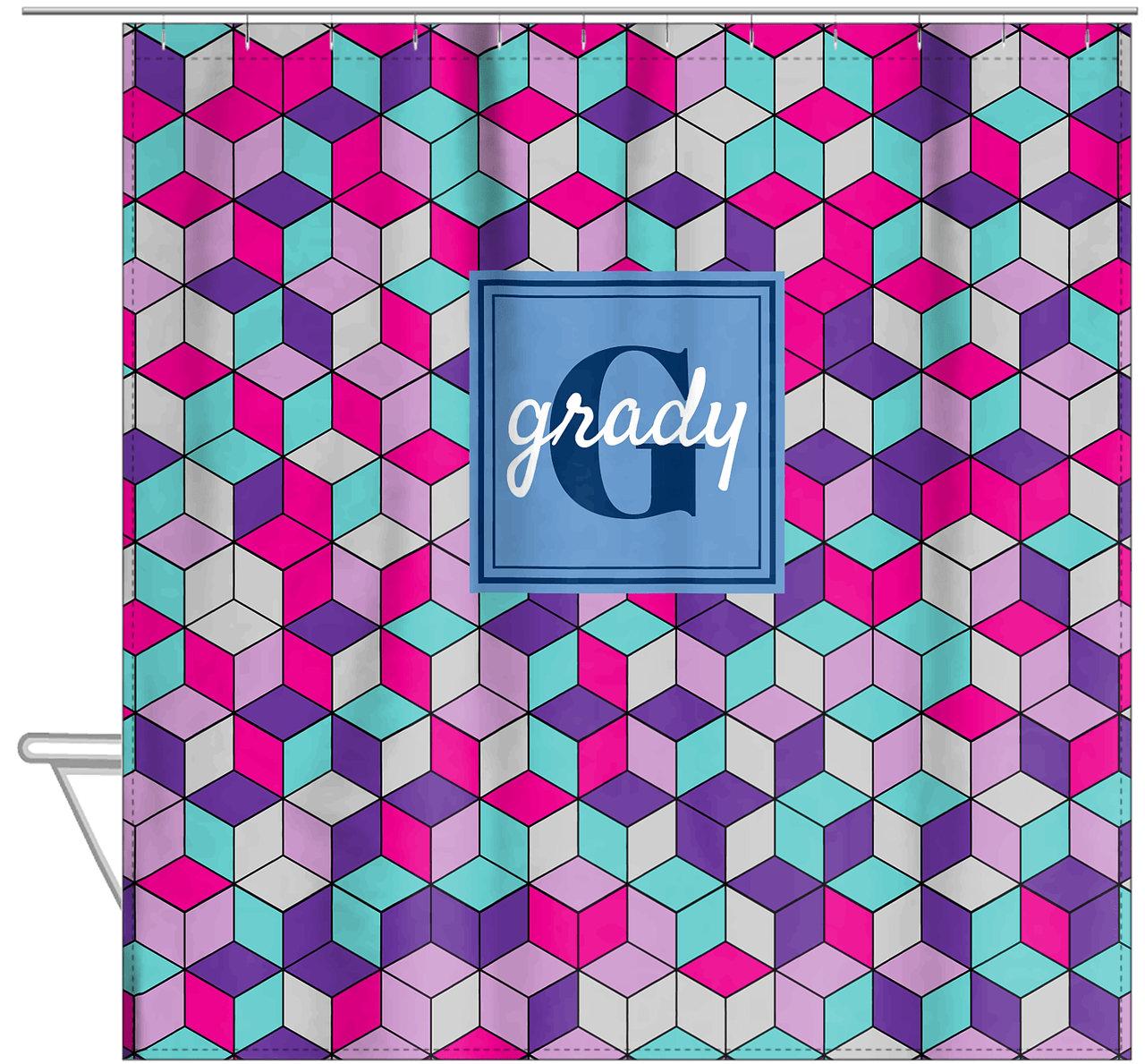 Personalized Cube Shower Curtain - Standard Colors - Square Nameplate - Hanging View