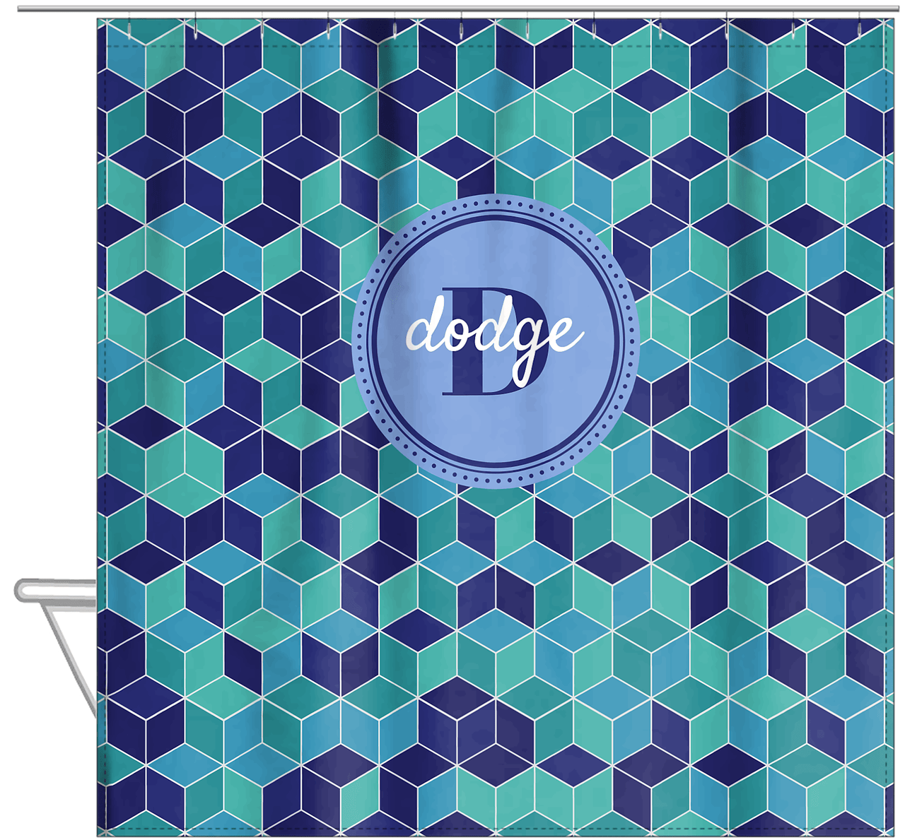 Personalized Cube Shower Curtain - Shades of Blue - Circle Nameplate - Hanging View