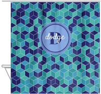Thumbnail for Personalized Cube Shower Curtain - Shades of Blue - Circle Nameplate - Hanging View