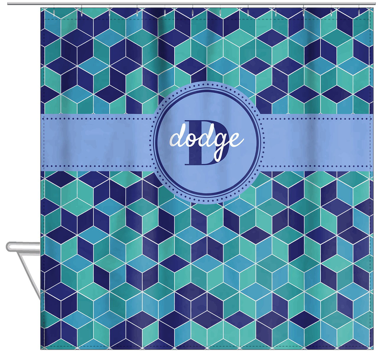 Personalized Cube Shower Curtain - Shades of Blue - Circle Ribbon Nameplate - Hanging View
