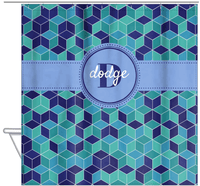 Thumbnail for Personalized Cube Shower Curtain - Shades of Blue - Circle Ribbon Nameplate - Hanging View