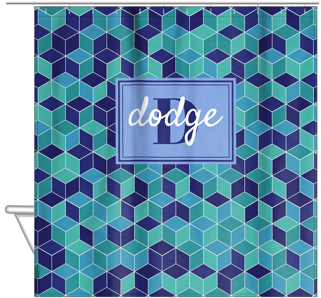 Personalized Cube Shower Curtain - Shades of Blue - Rectangle Nameplate - Hanging View
