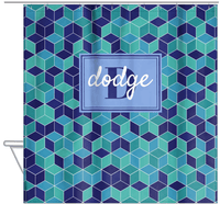 Thumbnail for Personalized Cube Shower Curtain - Shades of Blue - Rectangle Nameplate - Hanging View